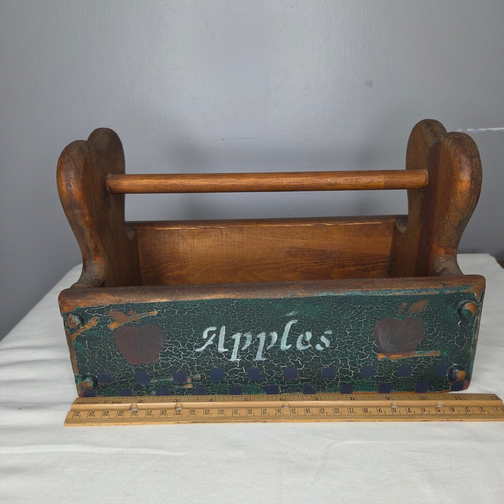 Vintage Primitive Wood Apple Caddy Hand Painted Crackle Finish Heart Tool Box